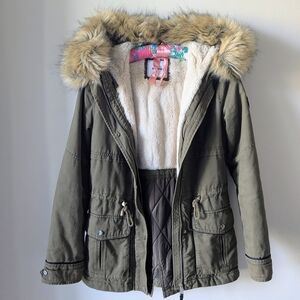 Women's Olive Utility Jacket with Faux Fur Hood
